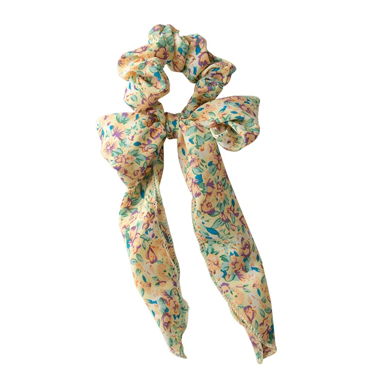 

Free shipping girl's chiffion bow flower printed Hair Scrunchies women basic hair bands Accessories Ponytail Holder