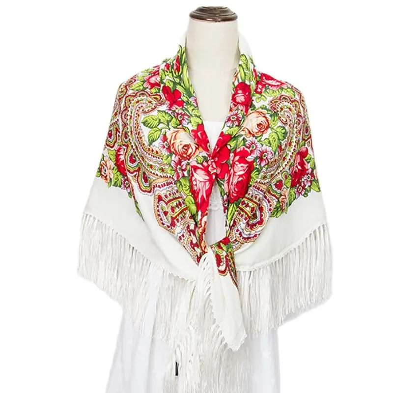 Babushka Ukrainian Scarves Russia Big Square Scarf Retro Floral Cotton Hair Head Wrap Hijab Tassel Scarf Winter Cotton Shawl