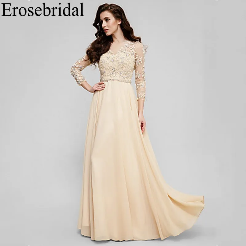 Женское вечернее платье с длинным рукавом Erosebridal длинное шифоновое цвета шампань