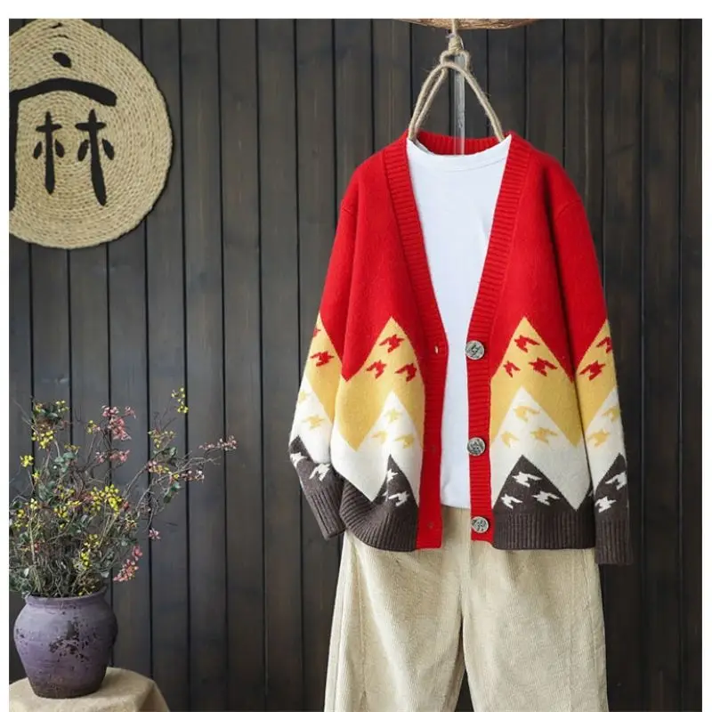 

Red Korean Lady Girl Out Cloth Long Sleeve Knitted Sweater Women Vest Sweaters Button Jumpers Cardigan Jacket Loose Coat Tops