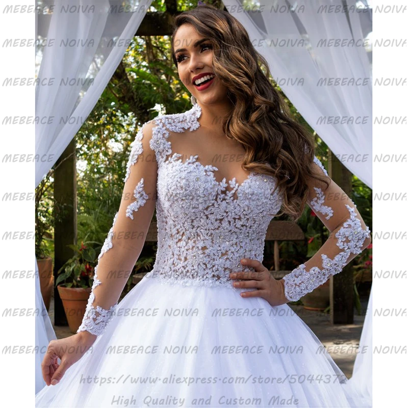 robe mariee 2021 Amazing Lace Beaded Ball Gown Long Sleeve Wedding Dress Turkey Vintage High Neck Bride Vestido De Noiva | Свадьбы и