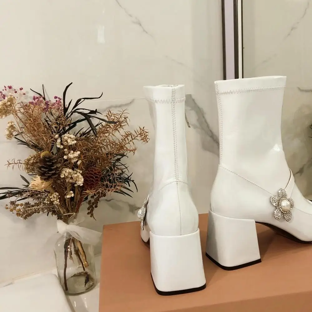

Mixed Color Women Ankle Boots Fashion Chunky High Heels Short Boots Genuine Patent Leather Women Chelsea Boots Runway Party Boot