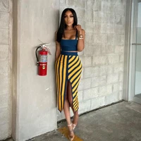 skmy casual 2 piece sets womens outfits elegant sling crop top striped printed yellow skirt clubwear festival clothing summer