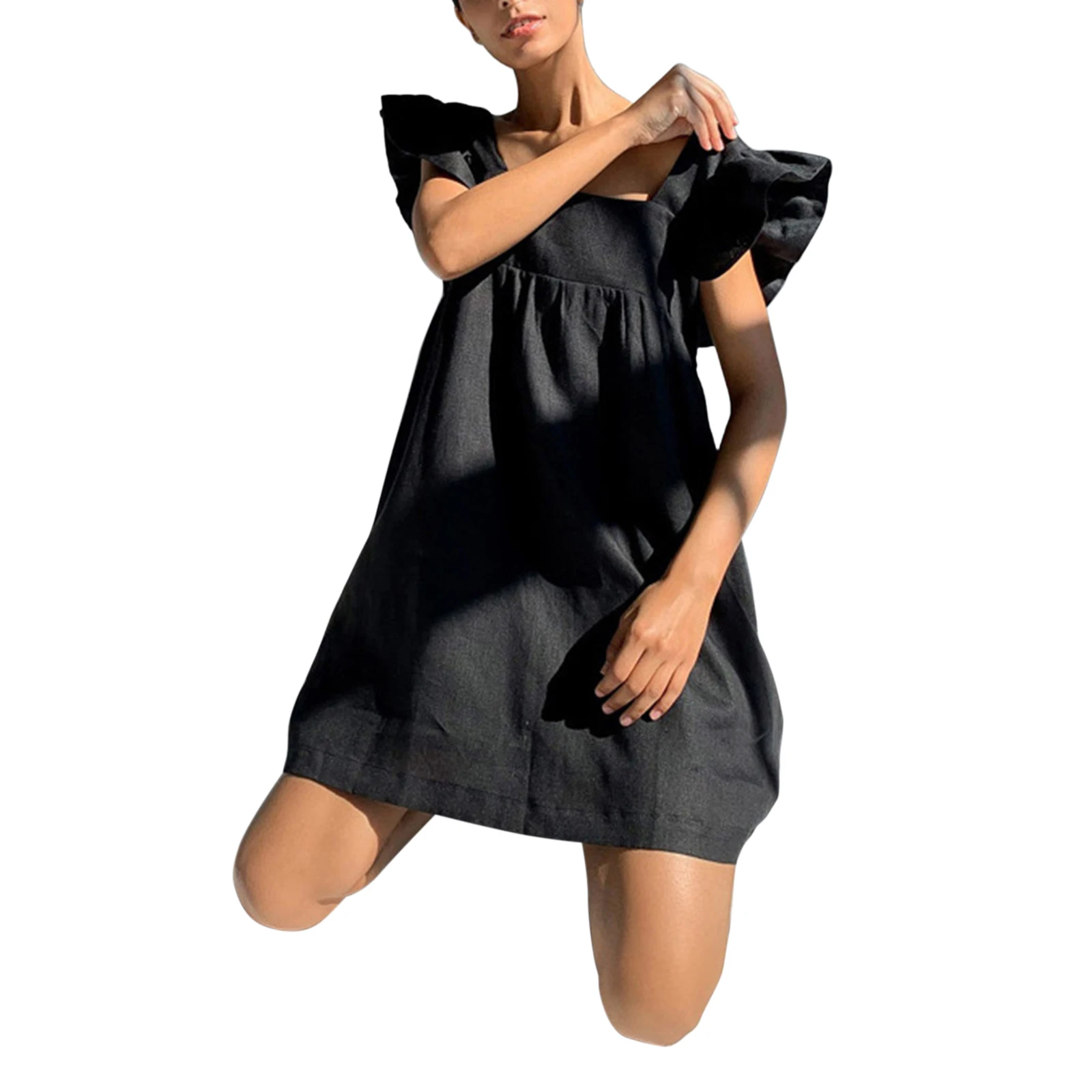 

Women Loose Dress, Adults Solid Color/Floral Print Fly Sleeve Square Collar One-piece