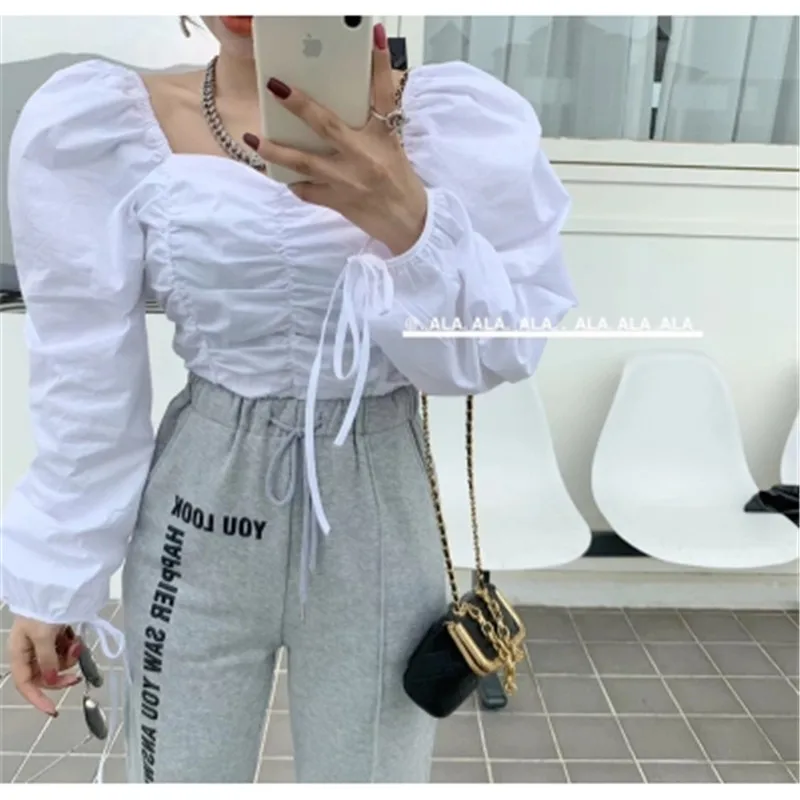 Женская рубашка с воротником-стойкой, однотонная, элегантная, с пышными рукавами, Осенний Простой Топ, 2020