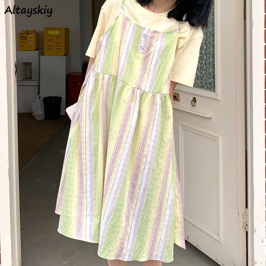 

Женские комплекты, полосатые платья без рукавов, милая Студенческая уличная одежда в японском стиле Харадзюку, Повседневная простая Подрос...
