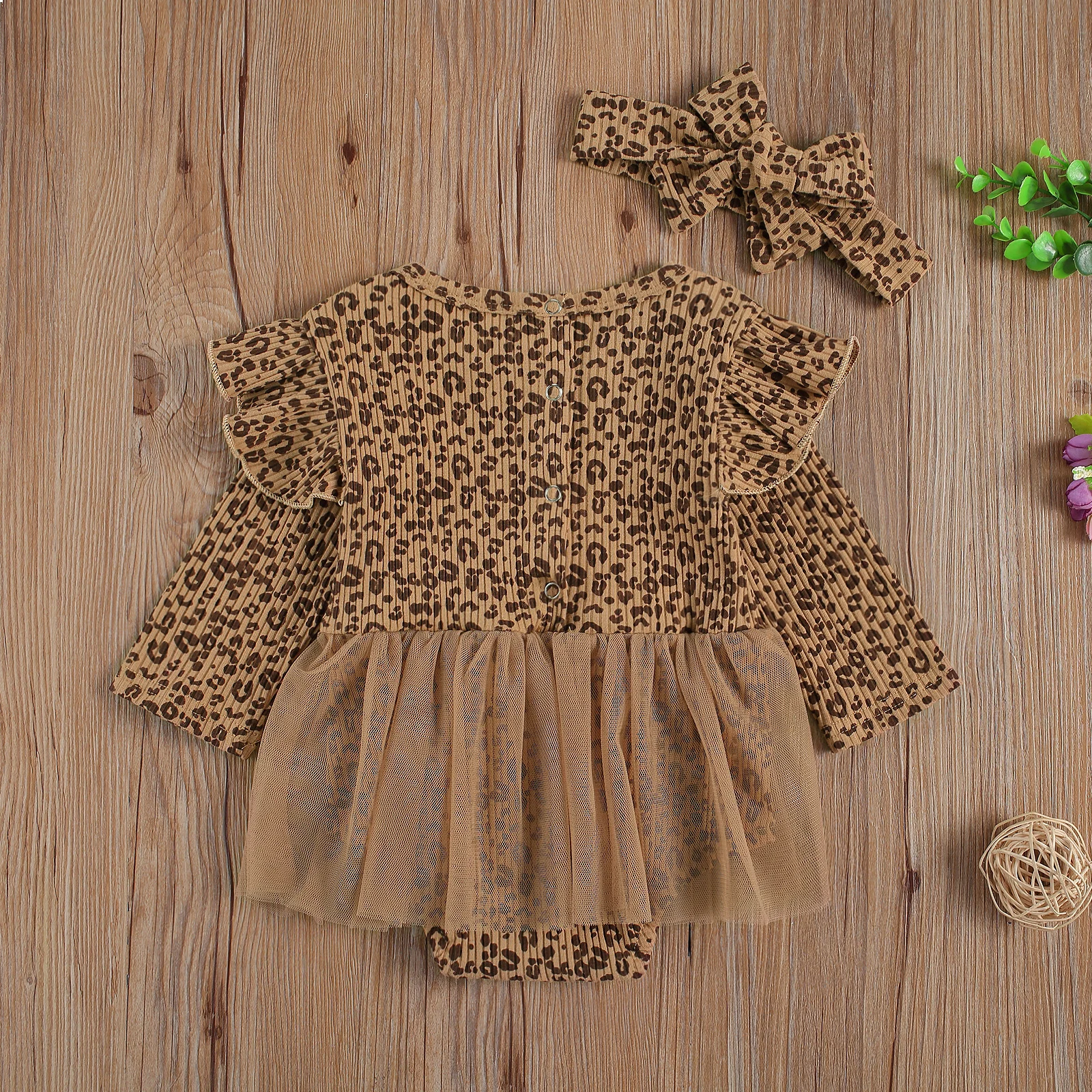 

Infant Newborn Baby Girls Long Sleeve Ribbed Leopard Jumpsuits Mesh Rompers Skirts Spring Autumn Outfits +Headband 0-18M