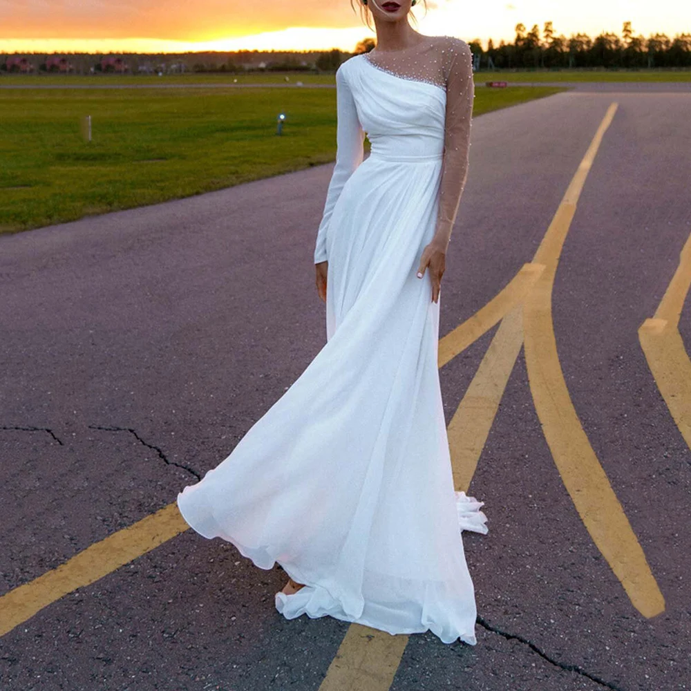 

Elegant Side Slit Wedding Dresses Beading Bohemia Beach Sweep Strain Vestidos De Noivado Crew Jersey Ruffle Bridal Gown