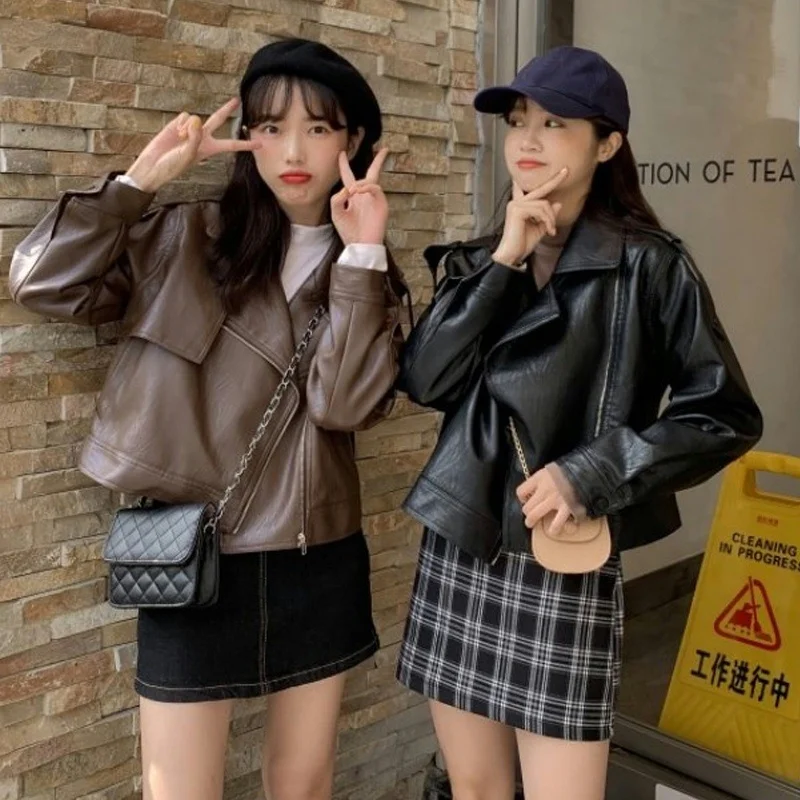 Черная кожаная куртка Женская весенне-осенняя блузка свободного покроя нового