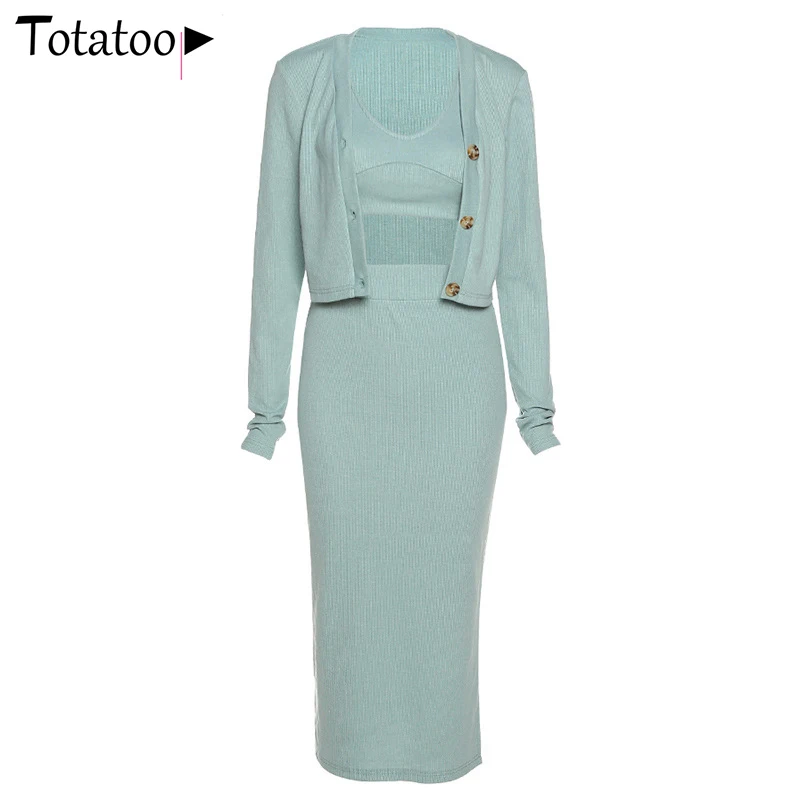 

Totatoop Ribbed Knitted Women 3 Piece Set Long Sleeve Buttons Cardigan Tank Tops+High Waist Bodycon Skirt Sexy Matching Suit