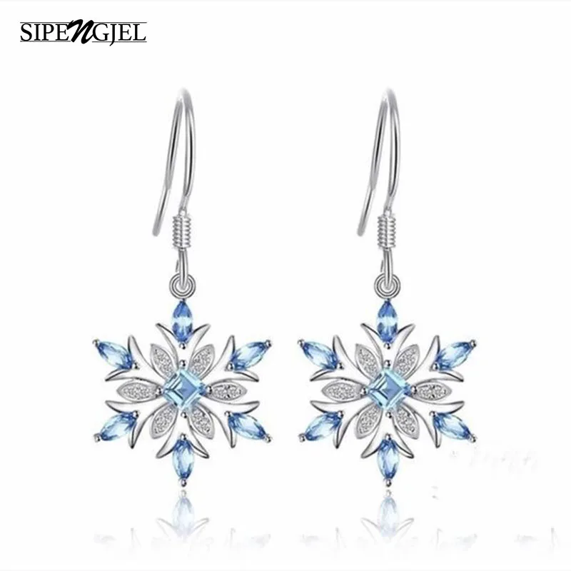 

SIPENGJEL Korean Style Snowflake Flower Dangle Earrings For Women Sweet Blue Zircon Drop Earrings Wedding Jewelry
