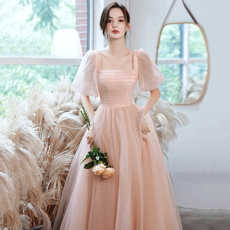 

French Elegant Banquet Evening Dress Women Polka Dot Square Collar Puff Sleeves Long Prom Gown Sweet Pink Bar Mitzvah Dress