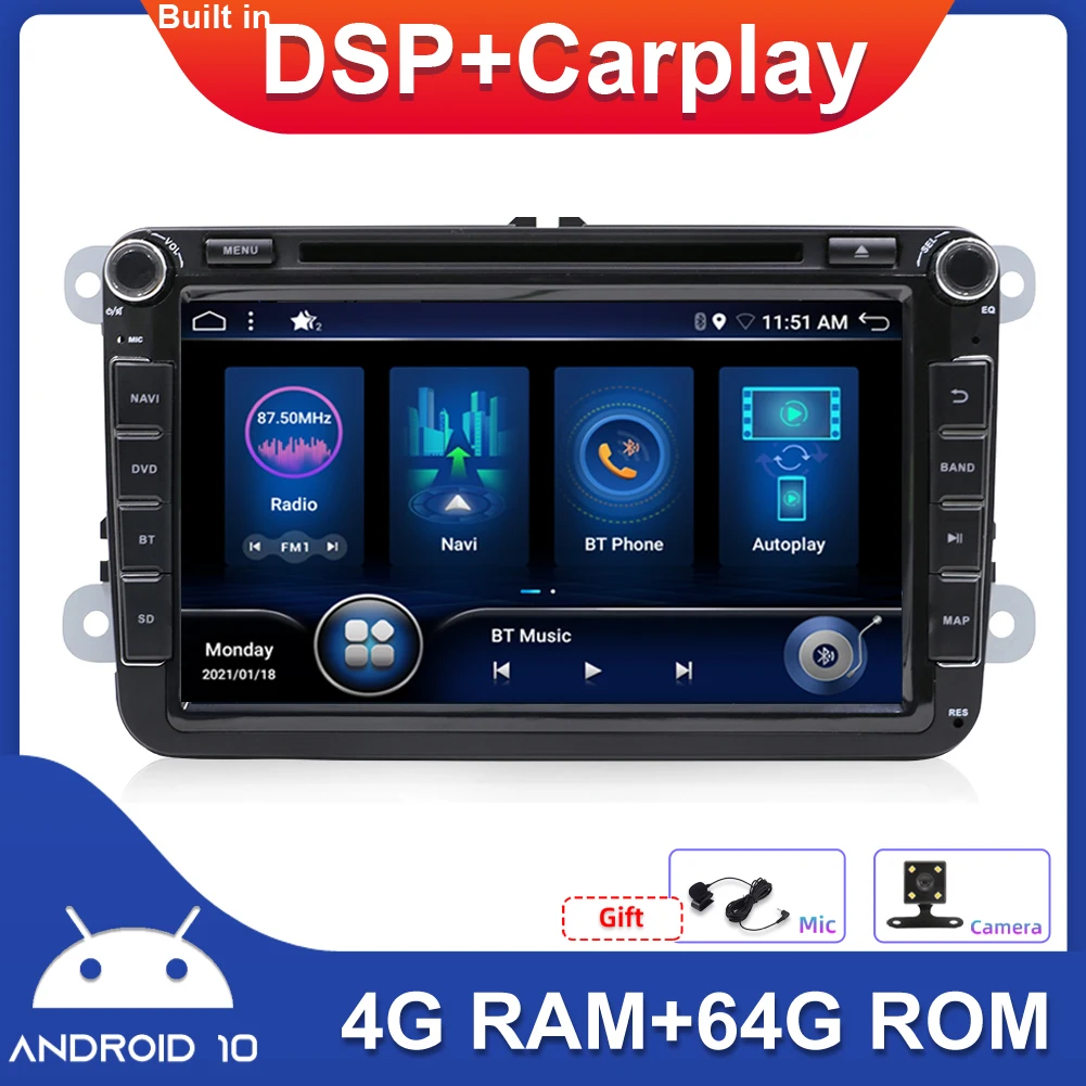 

Автомобильная Мультимедийная магнитола 8 дюймов DSP + CarPlay DVD Android 10 для Volkswagen Passat CC B6 /Golf/Tiguan/Polo 4 Гб + 64 Гб WIFI BT