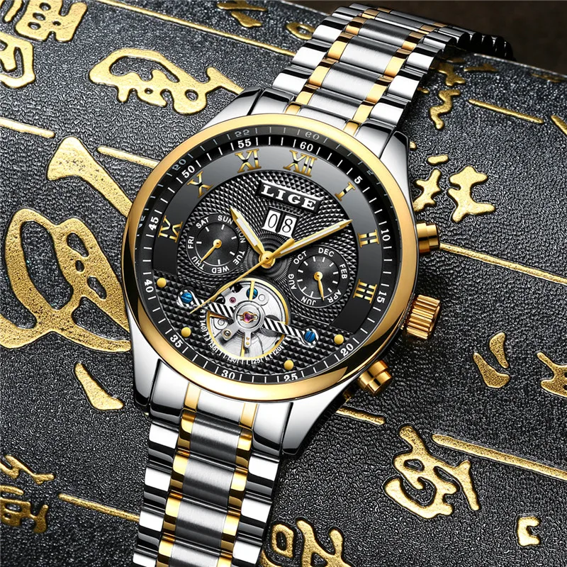 Бренд lige механические часы из нержавеющей стали деловые для мужчин топ класса