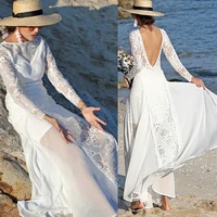 lace boho boat neck wedding dresses a line long sleeve custom made plus size chiffon backless hippie elopement beach bridal gown