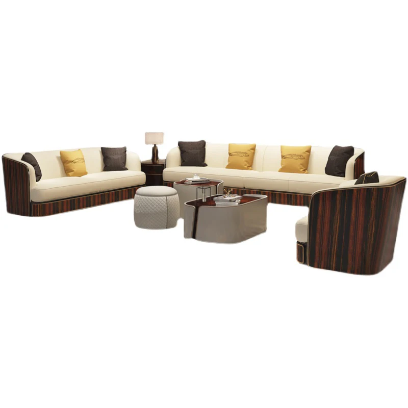 

Postmodern leather sofa, living room, solid wood furniture, luxury villa, large apartment, fully furnished, Italian style light