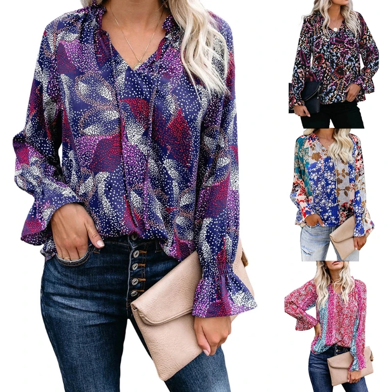 

Женская Осенняя расклешенная блузка с длинным рукавом, бохо, цветной цветочный принт, Свободный пуловер, топ, сексуальный v-образный вырез, р...