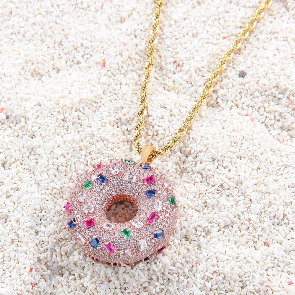 

Donut Shape Pendant Necklace Sweet Cute Style Pink Women New Trend Alloy Zircon Personality Charm Jewelry Necklace Gift