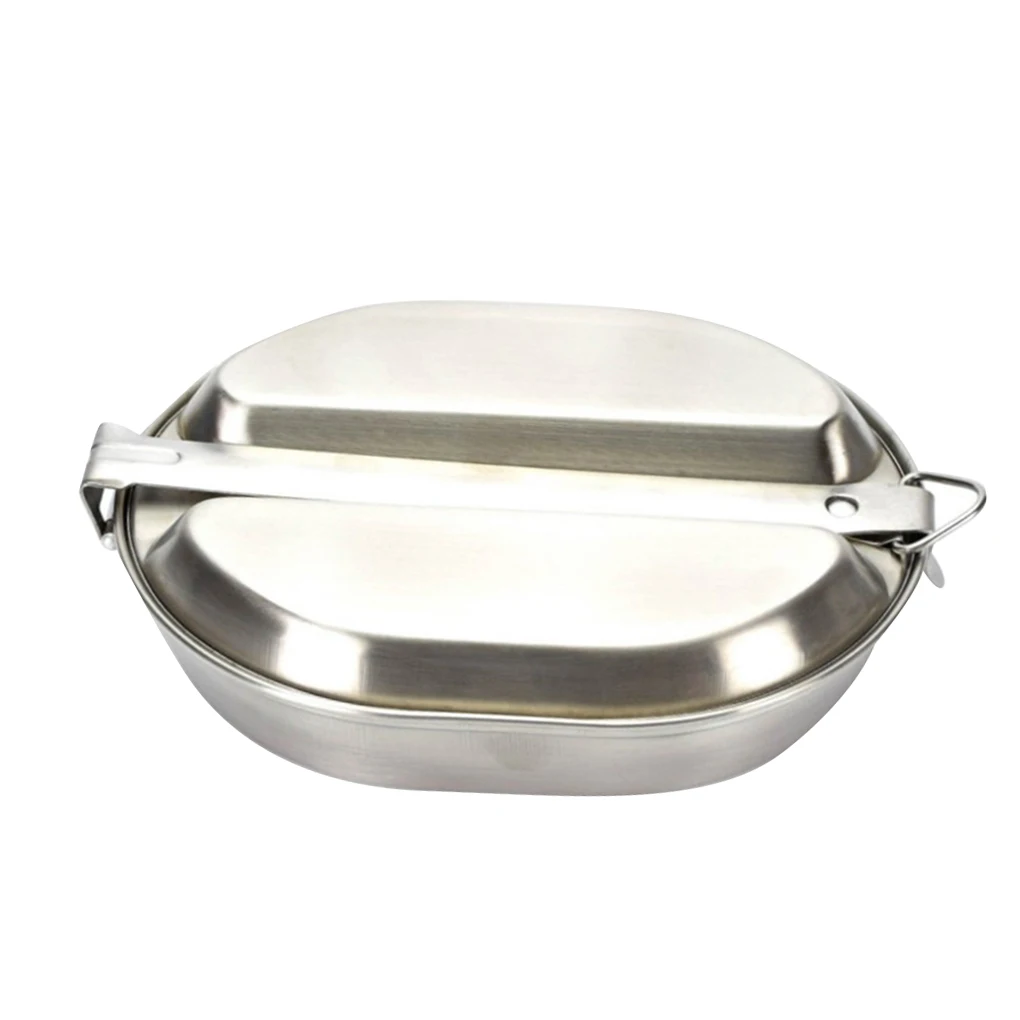 

Outdoor Lunch Box with Long Handle Stainless Steel Oval Single Layer Food Container Frying Pan