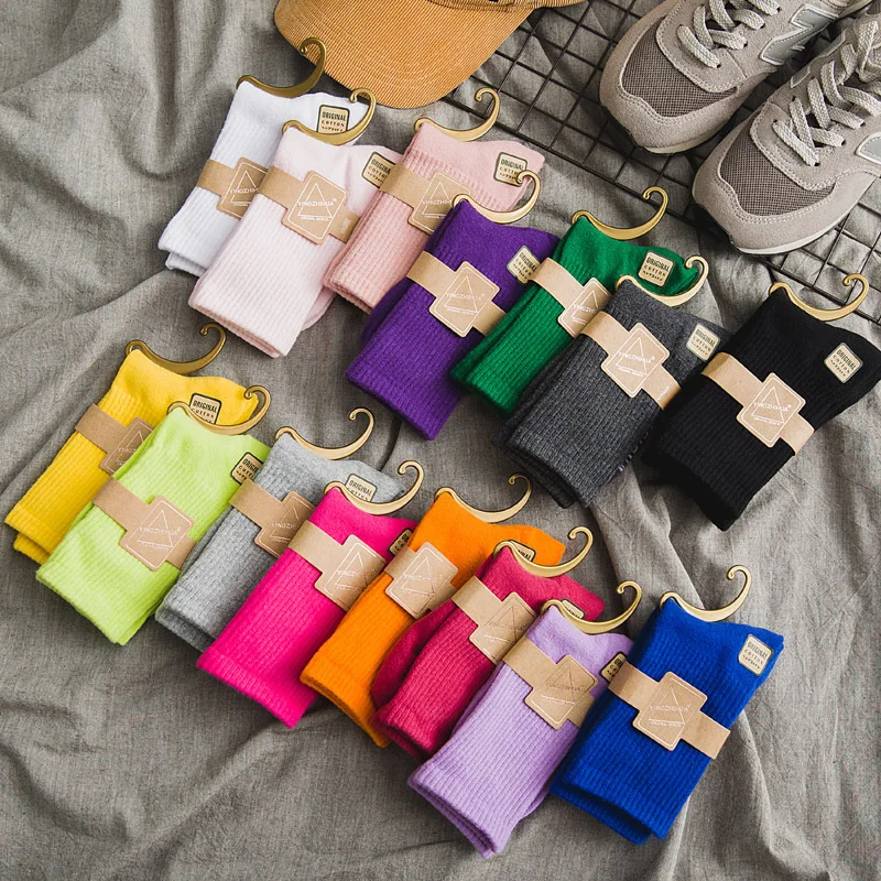 Женские носки 1 пара длинные школьный стиль хлопок одноцветные модные яркие