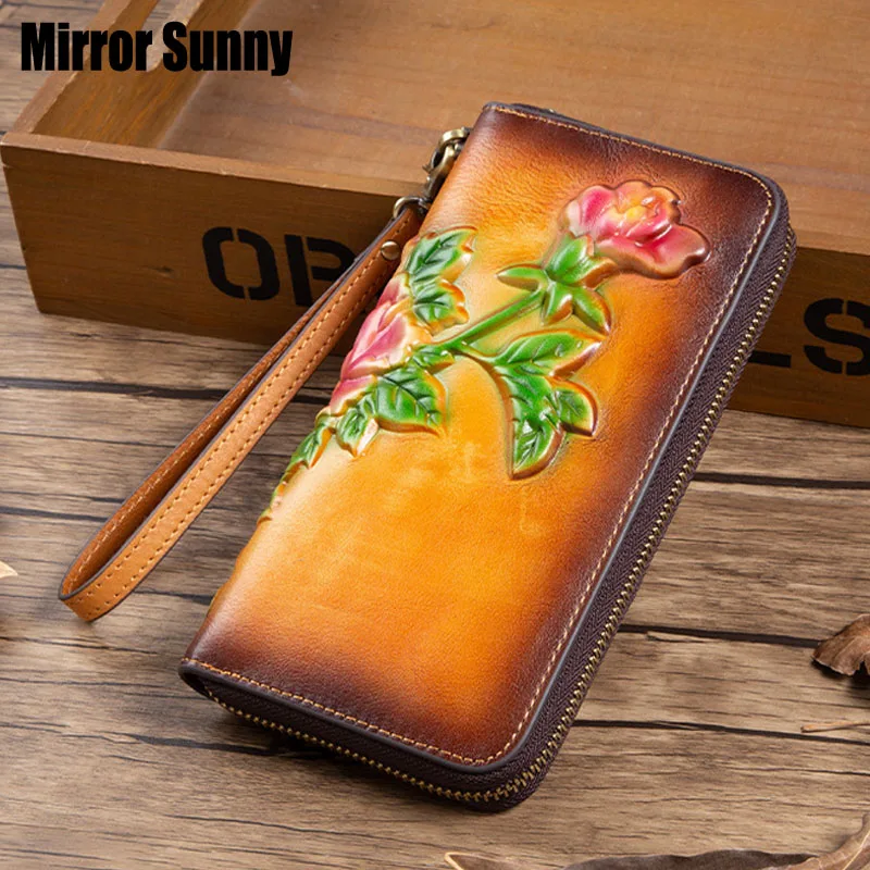 

New Style Genuine Leather Long Wallet Women Fashion Embossed Zipper Clutch Bag RFID Lady Purse Mobile Phone Bag Female Hand Bag