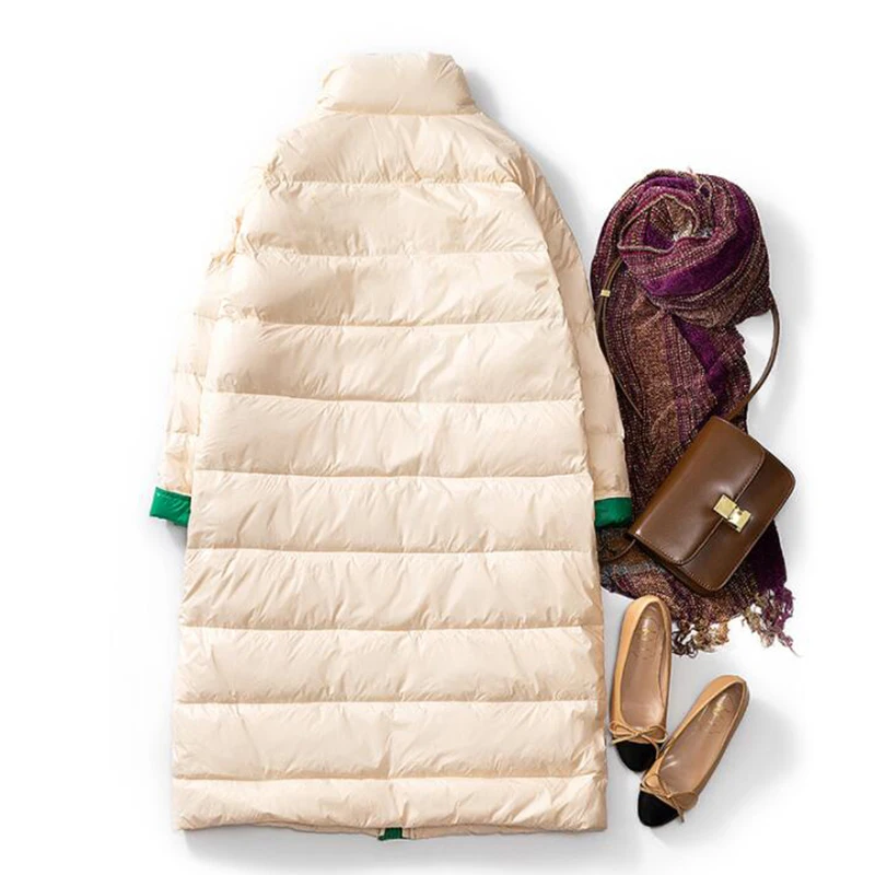 Женский пуховик на белом утином пуху 90% зимняя куртка свободного кроя длинный со