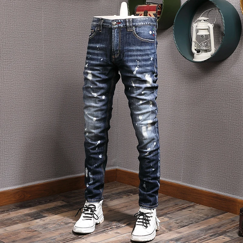 

Street Style Fashion Men Jeans High Quality Retro Blue Elastic Slim Fit Ripped Jeans Men Splashed Designer Hip Hop Denim Pants