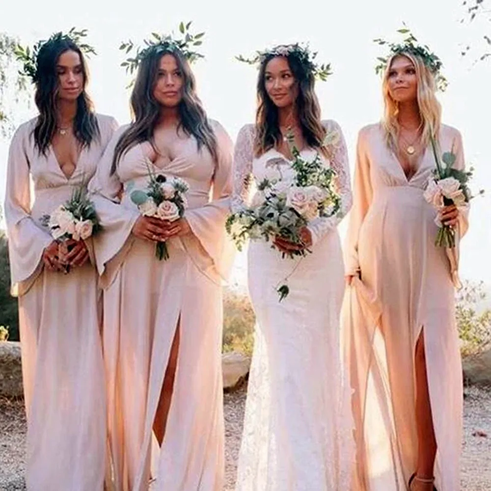 

Chiffon Bridesmaid Dresses Sexy Deep V Neck Side Split Wedding Party Gowns Formal BrideСвадебное платьеrobe de soirée de mariag