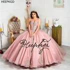 Розовые потрясающие красивые платья 16 Quinceanera с расклешенными рукавами сердечком изысканные Кристаллы Аппликации Bling Пышное вечернее платье