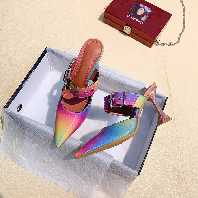 

XGRAVITY NEW Lady 3D Rainbow Colorful Pointed Toe Thin High Heel Slippers Women Fashion Summer Dress Shoes Wedding Sandals B097