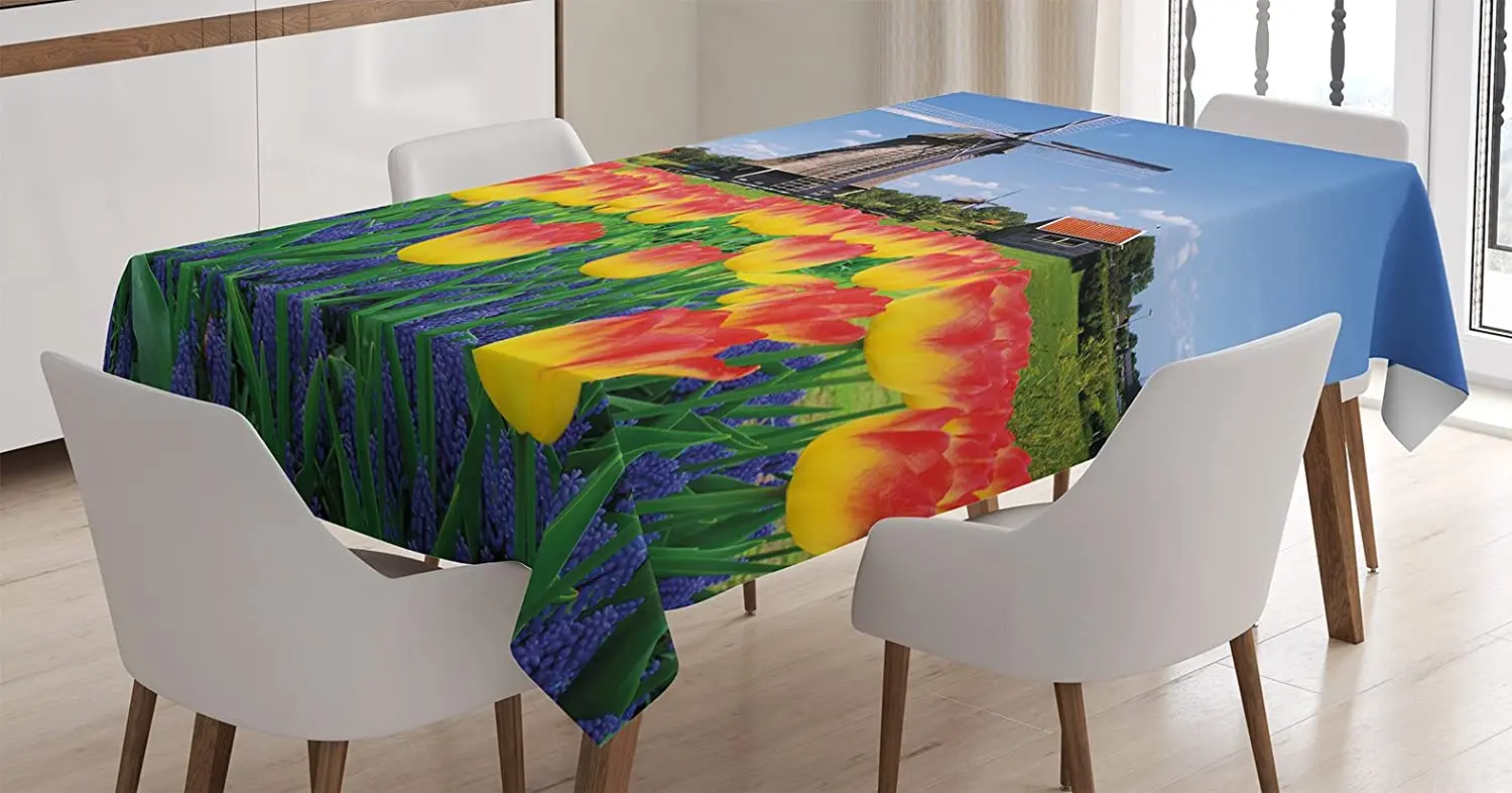 Tulip Blooms with Classic Dutch Windmill Netherlands Countryside Spring Picture Table Cover for Dining Room Kitchen Décor | Дом и сад