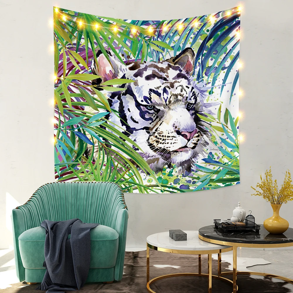 

Laeacco Tiger Zebra Tapestry Abstract Colourful Animal Printed Blanket Tropical Plant Wall Hangings Bedside Home Decor Polyester