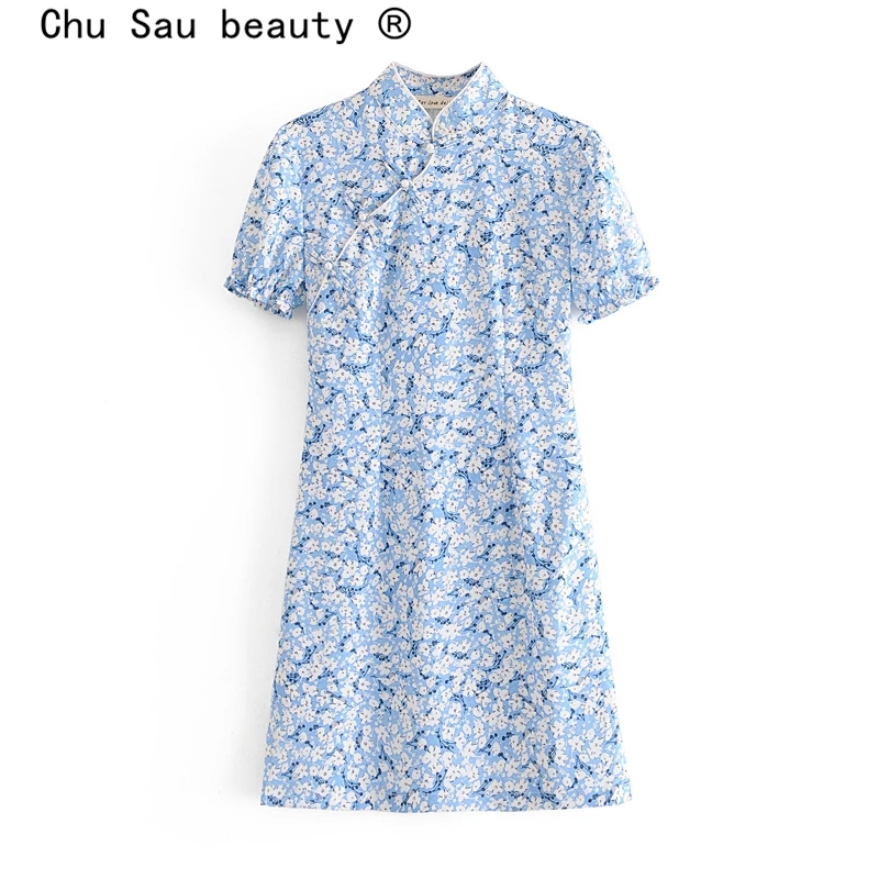

Женское винтажное платье миди с цветочным принтом, вечернее праздничное платье Чонсам с коротким рукавом в китайском стиле, Новинка лета 2021