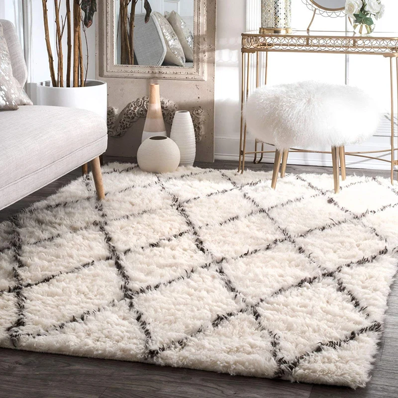 

Moroccan Cotton Carpets for Bedroom Plaid Plush Carpet Thick Rugs Living Room Modern Beige Soft Geometric Alfombra Home Decor