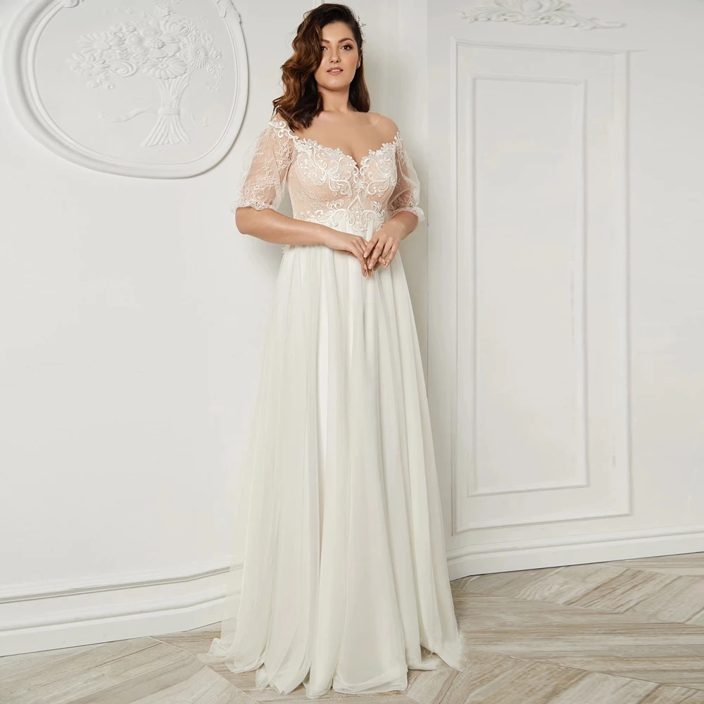 

Vestidos Sexy Wedding Dresses Organza Illusion Appliques Pleat V-Neck Half Sleeve Lace Up A-Line Bridal Gowns Novia Do 2021