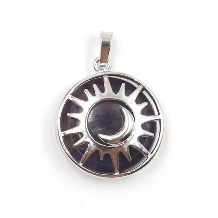 FYJS уникальное серебро солнце и полумесяц круглой формы камень аметист кулон