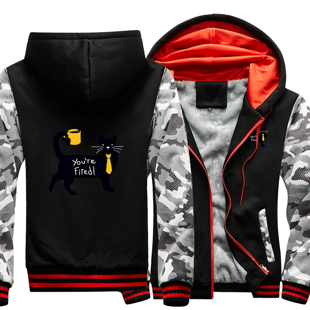 

Funny Cat You're Fired Cats Winter Warmed Coat Streetwear Jackets Thicken Camoufflage Hoodies Pullover Sweatshirt Pullovers