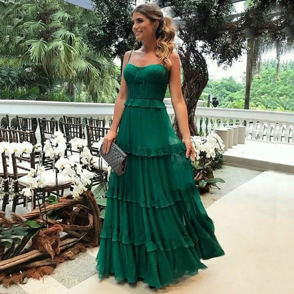 

Straps vestidos de fiesta Crumple Chiffon robe de soiree Layers Tiered New Prom Gowns New Decent Green Evening Dress