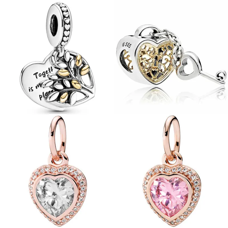 

Sparkling Love Two-tone Family Tree Padlock Heart And Key Pendant Beads 925 Sterling Silver Charm Fit Europe Bracelet Jewelry