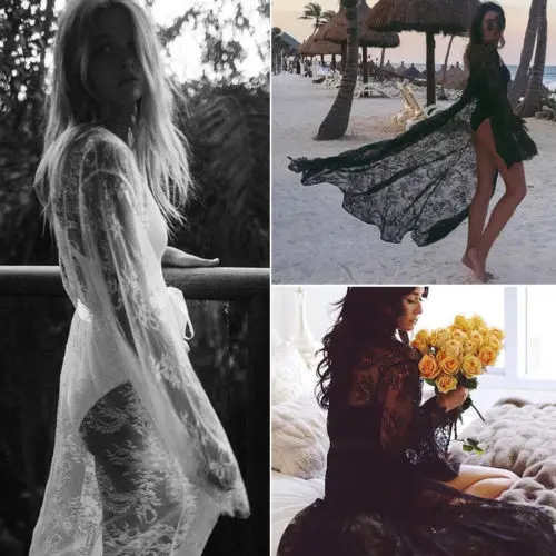 Пикантное женское пляжное платье летняя накидка на бикини черное кружевное