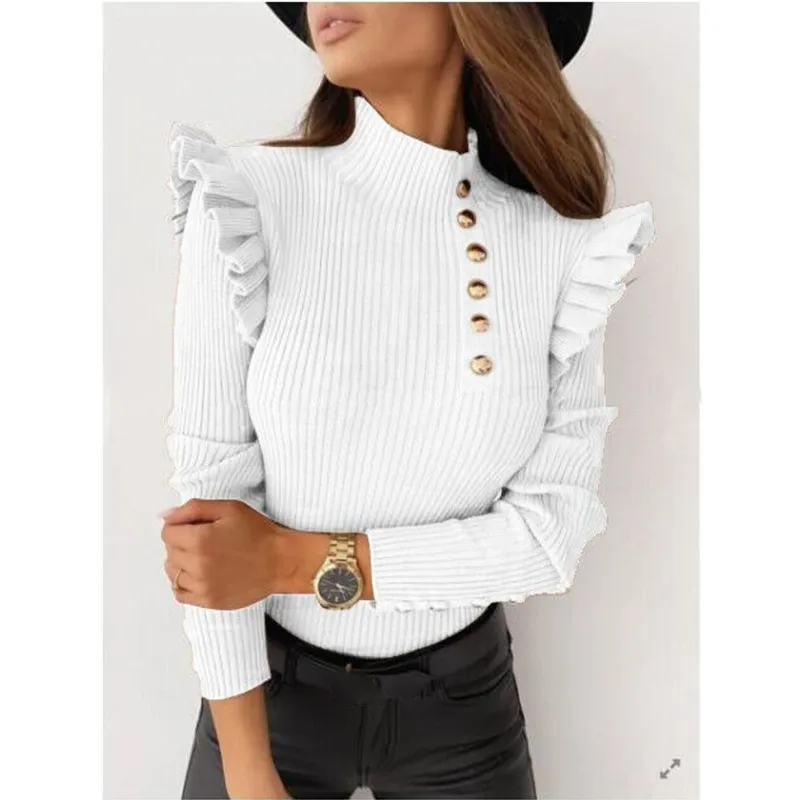 Осенне-зимний женский облегающий пуловер с рюшами и воланом длинным рукавом