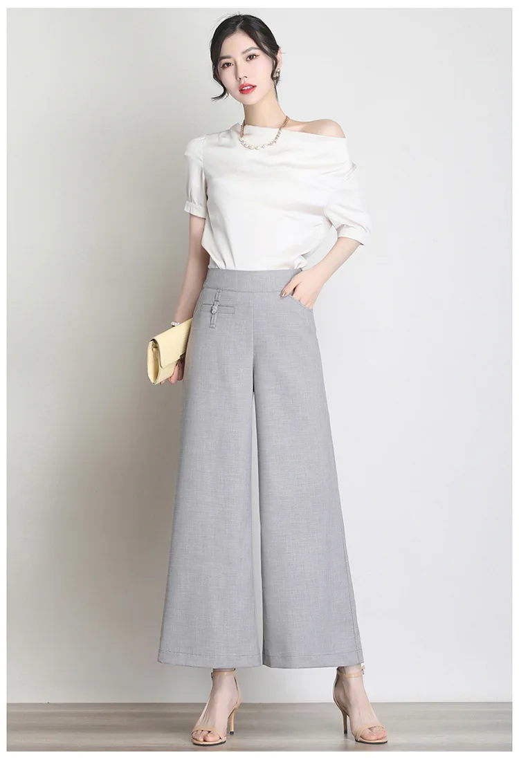 

Fashion Elegant Wide Leg Pants 2021 Summer Women Elastic High Waist Loose Casual Solid Color Plus Size Straight Trousers Vintage