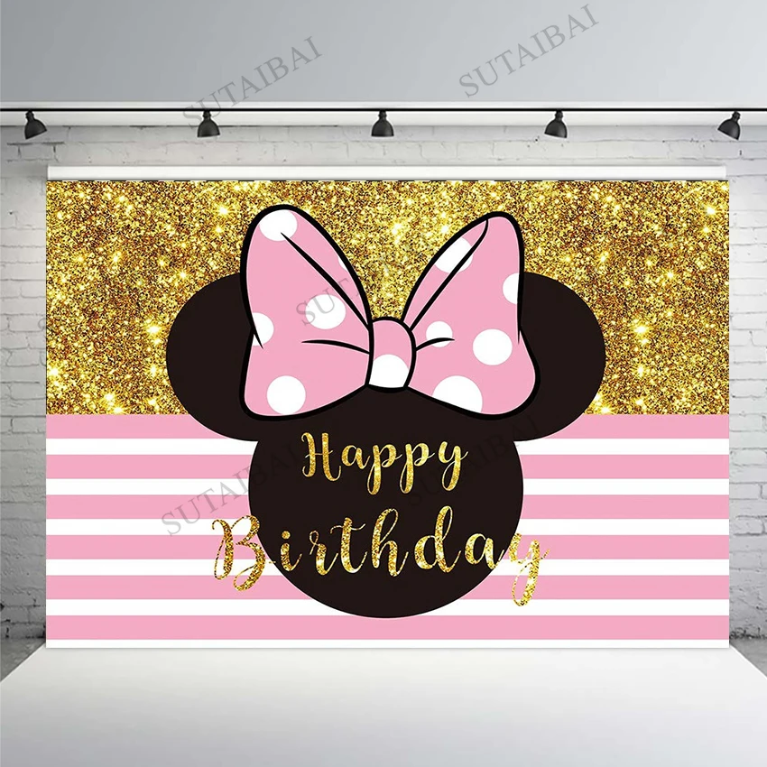 

Pink Mouse Girl Bow Backdrop for Photography Background Happy Birthday Party Banner Photocall Studio Booth Photo Background Prop