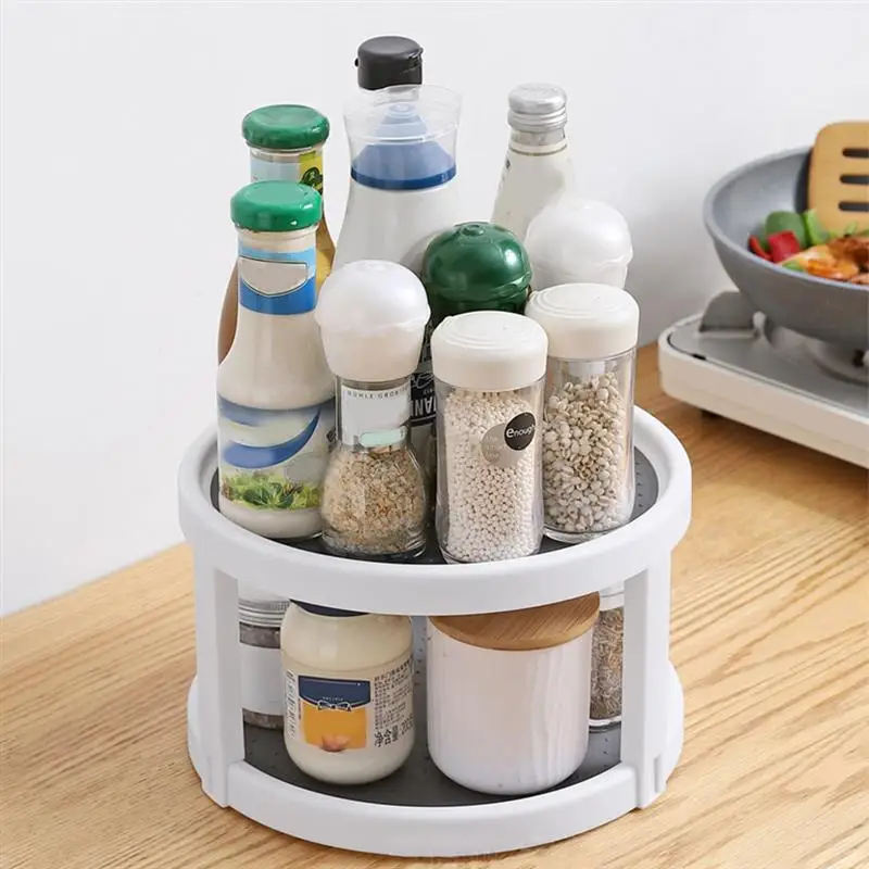 

Round Rotatable Storage Tray Plastic Kitchen Spice Organizer Shelf For Cabinets Pantry Bathroom Refrigerator Double Layer