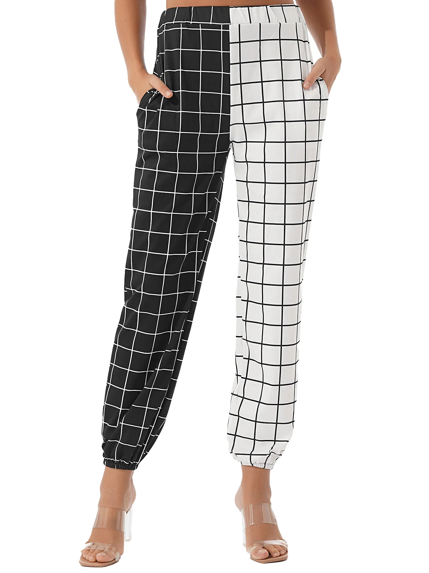 Women Plaid Pajama Pants Sleepwear Soft Casual Long Elastic  Contrast Color Pj Bottom Loungewear Long Trousers