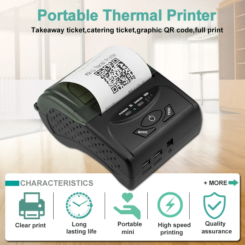 Портативный ручной принтер для чеков с чехлом Bluetooth термочековый 58 мм