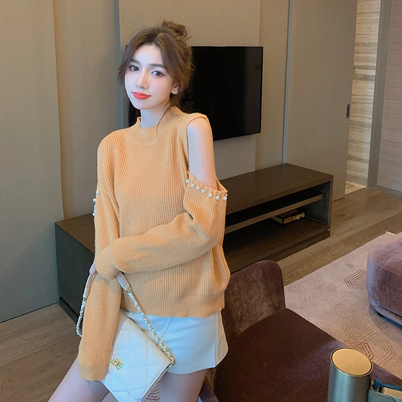 

Casual knit sweater 2021 autumn new strapless half high neck heavy knit sweater Korean fashion women's clothing