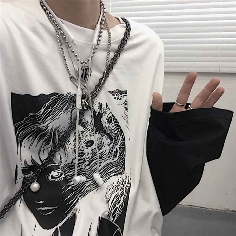 Lychee Harajuku Лоскутные Поддельные 2 шт. женские футболки темная японская девушка печать Осенняя женская футболка с длинным рукавом женская футболка