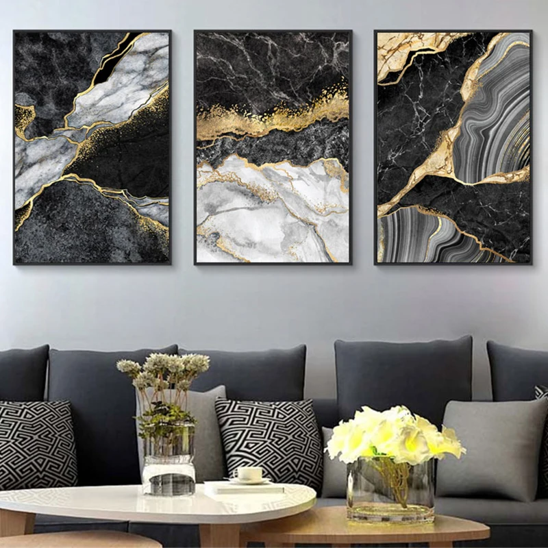 

Abstract Wall Art Black White Canvas Painting Marble Golden Veins Posters Prints Wall Picture Living Room Home Decor