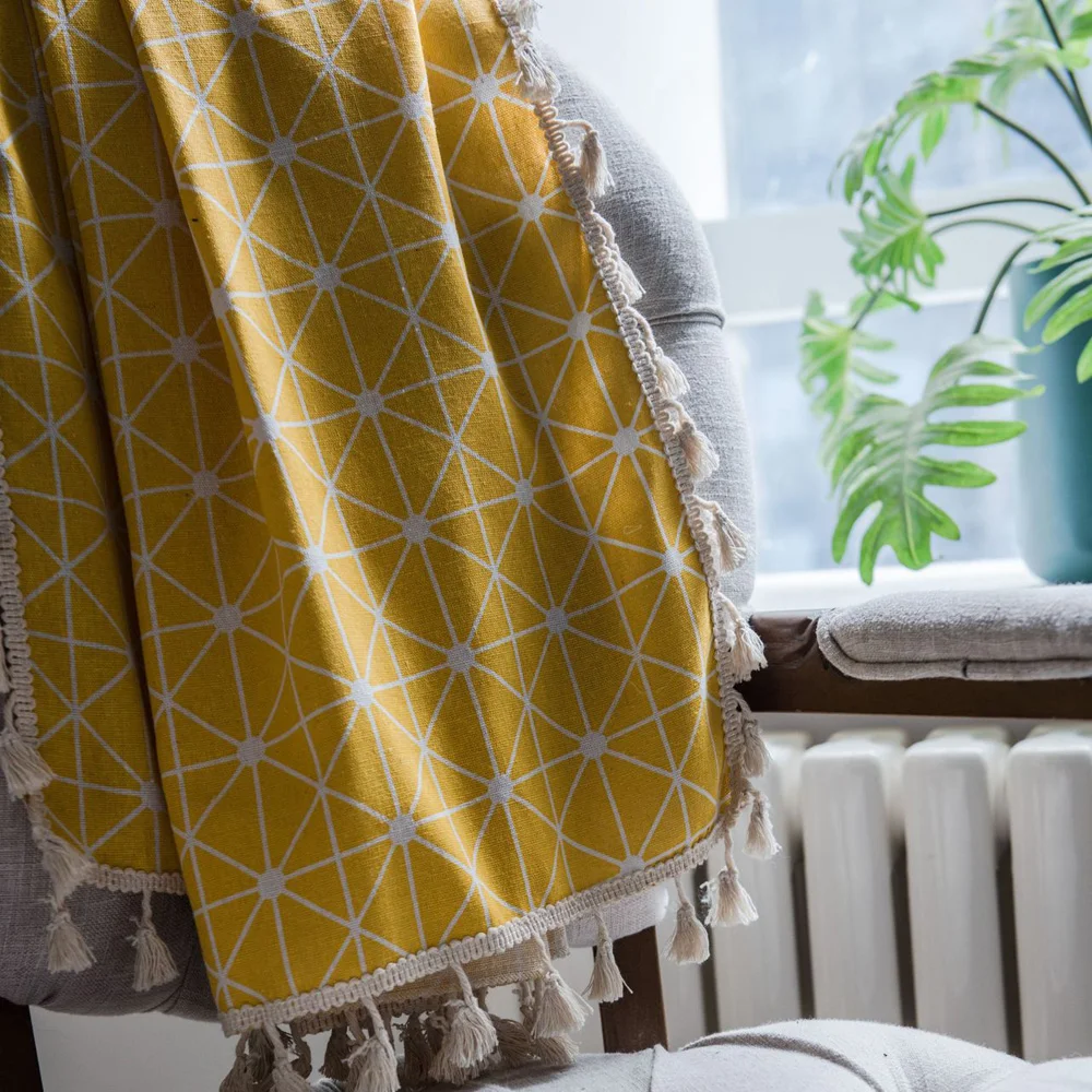 Шторы с нордическими кисточками желтые постельное белье из хлопка